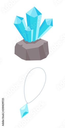 青いクリスタル鉱石とペンダント 宝石アイコンセット ベクターイラスト/Blue Crystal Gemstone and Pendant Icon Set Vector Illustration