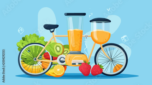 A cartoon bicycle transforms into a blender, with fruit and vegetables representing its parts