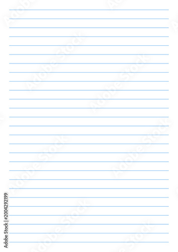 Notebook paper lined sheet mockup. Blank sheet of blue lines paper. Paper typography template for notes, writing, sketching, journaling. Lined sheet for school, office, work. Education background.