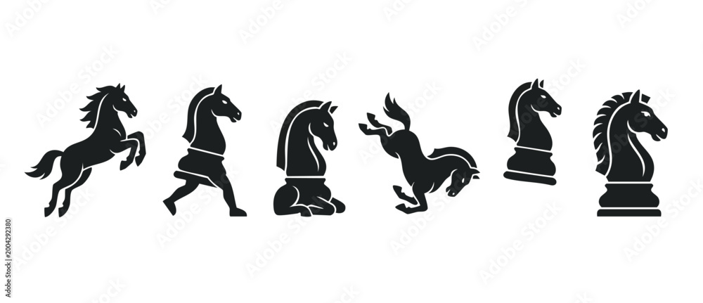 Fototapeta premium Chess Knight Horse Icons Set, Black Silhouette Figures in Different Poses, Strategy Game Pieces, Flat Vector Illustration for Design, Logo, Board Games, Intellectual Sport Competition Elements Isolate