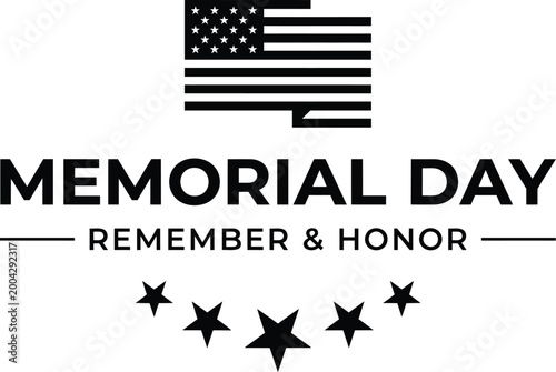 Memorial Day typography design with American flag icon and stars in a minimalist black and white vector illustration graphic format