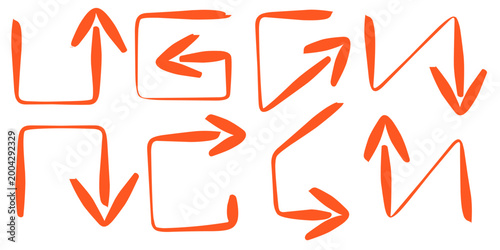 Orange arrow collection set. hand drawn illustration of an angled arrow.