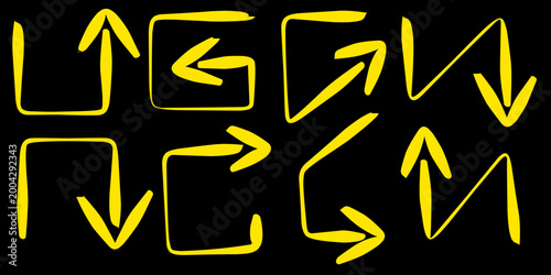 Orange arrow collection set. hand drawn illustration of an angled arrow.