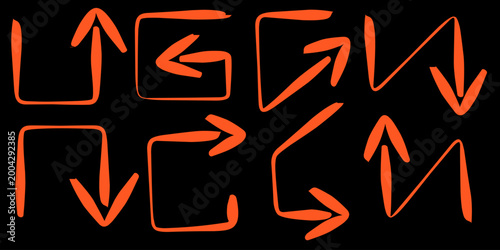 Orange arrow collection set. hand drawn illustration of an angled arrow.