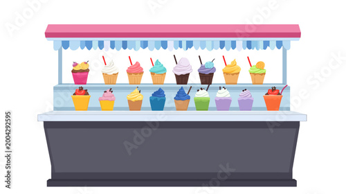 Illustration of an ice cream cart with assorted colorful frozen desserts in cups