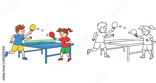 Children Playing Table Tennis Illustration with Colored and Line Art Versions, Kids Ping Pong Activity Coloring Page, Sport Education Vector, Boy and Girl Playing Ping-Pong Outdoors.