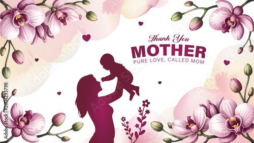 Elegant Mother’S Day Floral Background With Mom And Baby Silhouette, Thank You Mom Beautiful Orchid Floral Mother’S Day Greeting Card, Loving Mother And Child Silhouette Pink Floral Banner Design, Hap