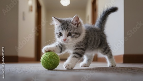 Small tabby kitten pushing a green ball toy across a carpeted floor in.