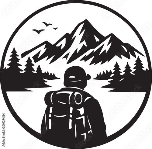 hiker backpack mountain landscape silhouette badge adventure outdoor vector illustration
