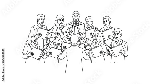 Continuous line drawing a group of people singing together.