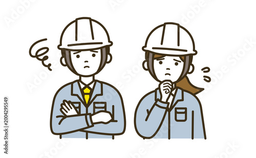 検討し悩む作業員の男女ペアセット｜作業服・ネクタイ・ブラウス・考える