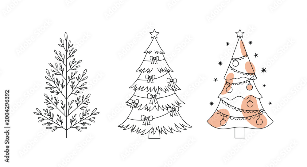 Obraz premium Minimalist christmas tree line art set with different styles of festive pines for holiday card and sticker designs.