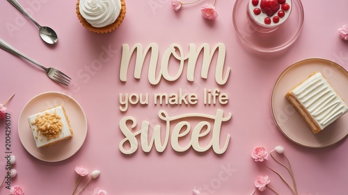A pink background with various sweet desserts and a heartfelt Mother's Day message displayed in cookies
