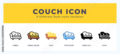 Couch icon set. outline. glyph black. flat color and filled line color