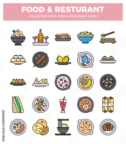 Food and restaurant icons. vector illustration of diverse dishes and beverages on white background. food and restaurant icons.
