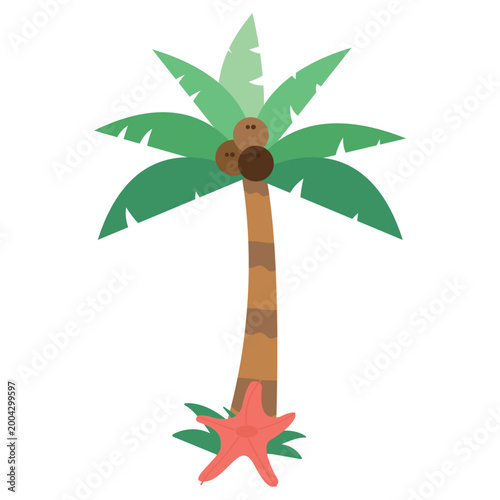 A simple cartoon palm tree with green leaves and a brown trunk with a red starfish is perfect for summer and holiday themes. Vector illustration.