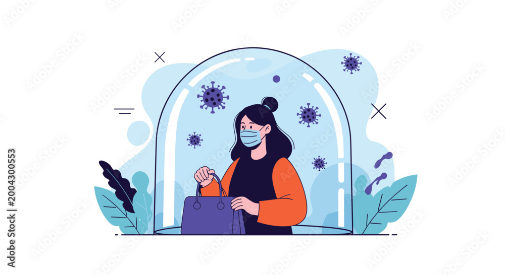 Obraz premium Coronavirus protection concept with a woman in a mask carrying a bag inside a safe glass dome away from floating viruses.