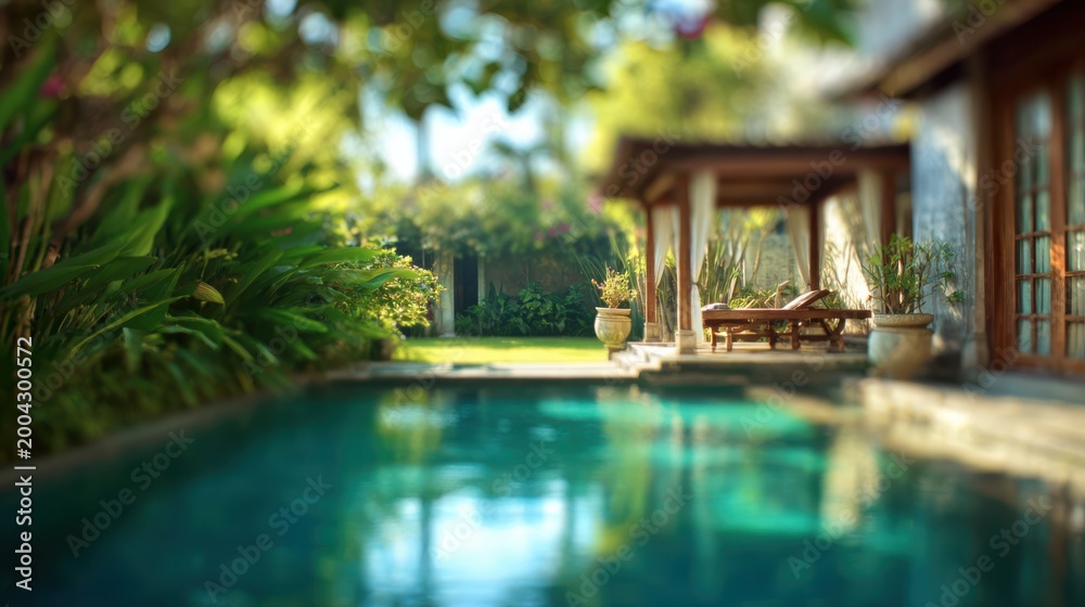 Fototapeta premium Blurred Bali eco resort with sustainable travel and nature concept.