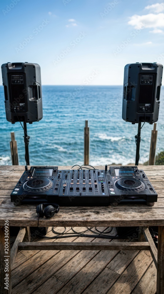 Fototapeta premium Professional DJ equipment setup on a wooden pier overlooking a blurred tropical blue ocean under a clear summer sky.