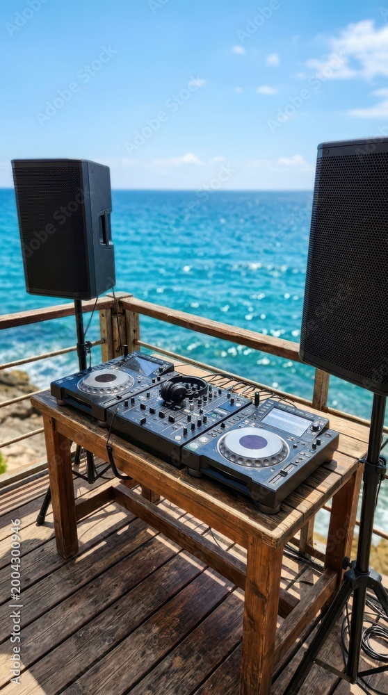 Fototapeta premium Professional DJ equipment setup on a wooden pier overlooking a blurred tropical blue ocean under a clear summer sky.