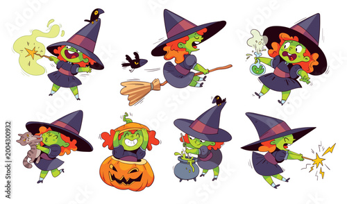 Cute cartoon witch character set in playful Halloween scenes, flying on a broom, casting spells, brewing potions, and interacting with magical elements in a colorful comic style