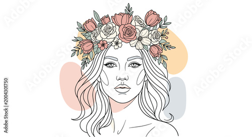 Beautiful line art portrait of a woman wearing a crown of blooming roses and tulips with soft abstract color shapes in the background decor.