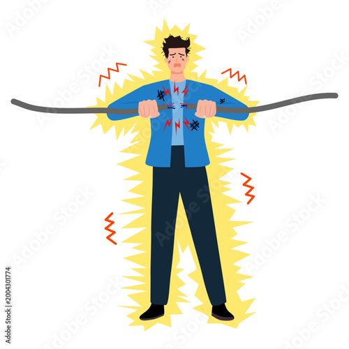Stressed businessman with broken cable in hands. Distressed stunned male employee get electric shock from wire. Vector illustration. 