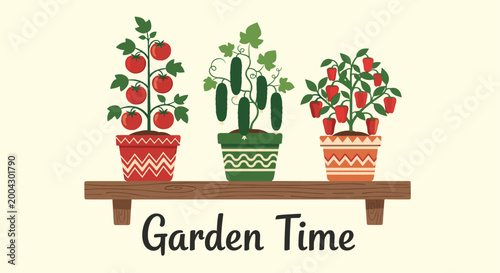 Garden Time illustration showing three potted plants with ripe tomatoes, cucumbers, and red peppers sitting on a rustic wooden shelf.