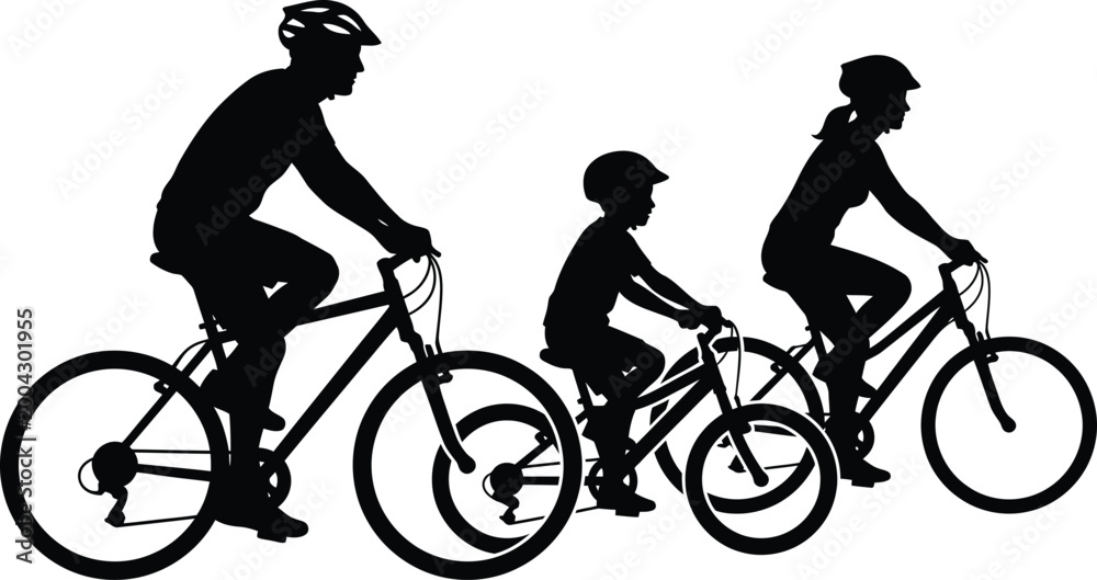 Obraz premium Family riding bicycles together in silhouette isolated on transparent background, Vector