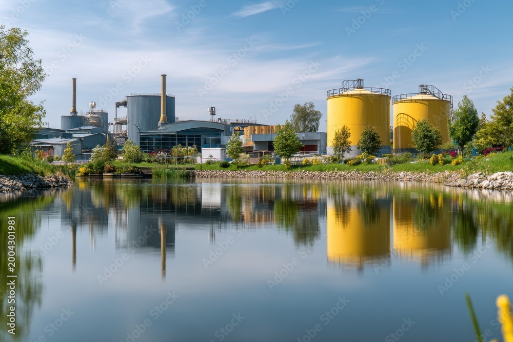 Fototapeta premium Industrial factory with yellow storage tanks by a serene pond