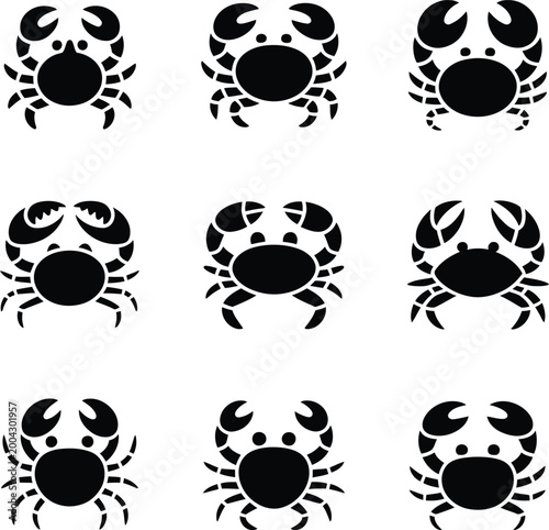 Nine black crab arranged in a 3x3 grid on a white background, symbol