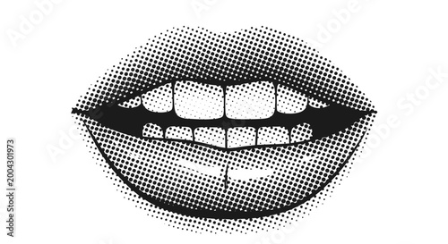 Retro-style halftone dot illustration of human lips and teeth in a wide open smile, reminiscent of vintage pop art or comic book graphics.