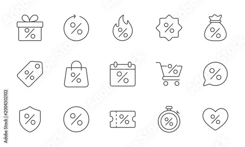 Diverse Set of Thin Line Icons Representing Various Discount and Sales Concepts