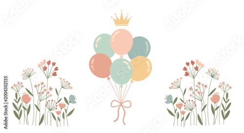 Gentle floral arrangement with pastel balloons, a small gold crown, and delicate wild flowers, ideal for a baby shower or birthday card.