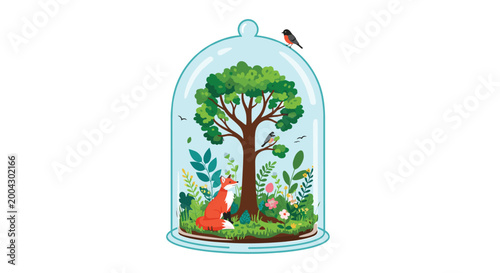 Beautiful forest ecosystem enclosed in a glass terrarium featuring a red fox, green tree, singing birds, and blooming flowers on white.