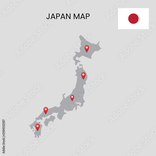 A gray map of Japan with five red location markers and the Japanese flag