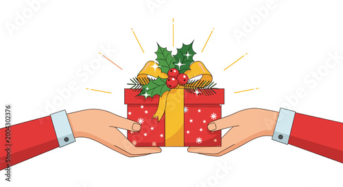 Close up of two hands in red sleeves exchanging a beautifully wrapped red Christmas gift box decorated with yellow ribbon and holly.