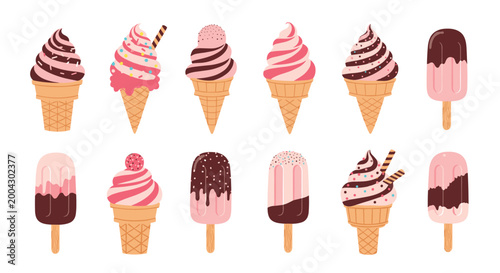 Delicious collection of different ice cream types including soft serve cones, chocolate dipped popsicles, and fruity treats in pink tones.
