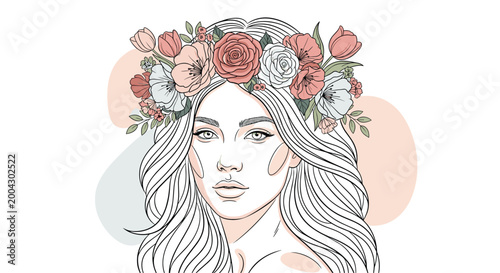 Beautiful line art portrait of a young woman with long wavy hair wearing a large colorful crown made of roses and tulips in minimal style.