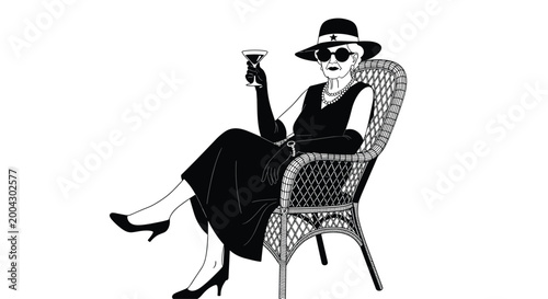 Sophisticated elderly woman in a black dress, hat, and sunglasses sitting in a wicker chair and holding a martini glass for stylish art.