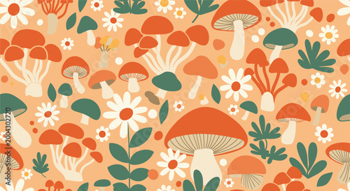 Charming seamless pattern featuring various mushrooms, white daisies, and green leaves in a retro style with warm orange and cream colors.
