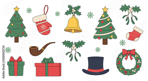 Assorted collection of traditional Christmas icons including decorated trees, stockings, gifts, mistletoe, bells, and a holiday wreath.