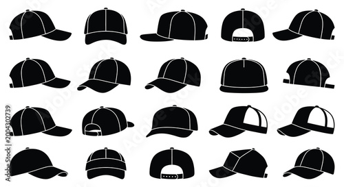 Collection of baseball cap silhouettes in various styles