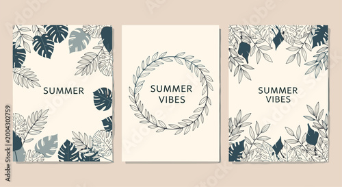 Set of three tropical summer posters featuring monochrome line art of palm leaves, monstera, and floral wreaths in a sophisticated style.