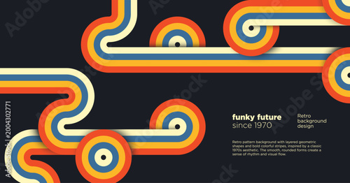 Retro futuristic background with flowing color stripes and rounded shapes in vintage 70s style. Vector illustration.