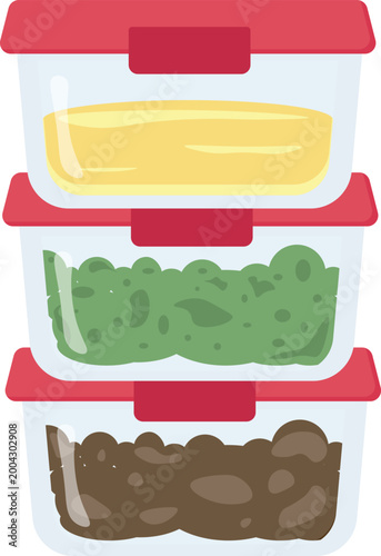 Vector illustration of a stack of three meal preparation containers with red lids filled with different foods. Perfect for themes of healthy eating, meal planning, and fitness lifestyle.