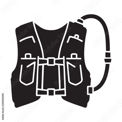 Black trail running vest with hydration tube on a white background.