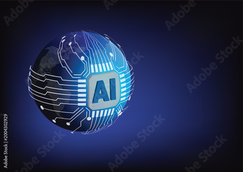 AI on chipset and circuit cover the globe, digital technology background.
