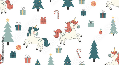 Magical seamless pattern of white unicorns with colorful manes among decorated Christmas trees, gift boxes, and candy canes on white.