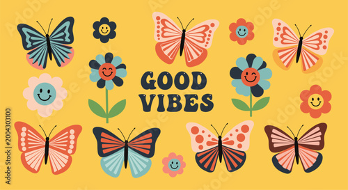 Colorful retro illustration of the text Good Vibes surrounded by various butterflies and happy smiling flowers on a bright yellow background.